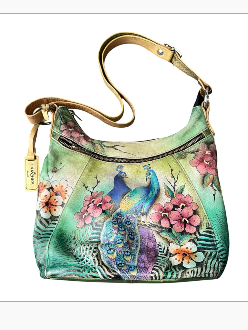 Anuschka Hand Painted Genuine Leather Hobo Shoulder Bag Peacock Floral